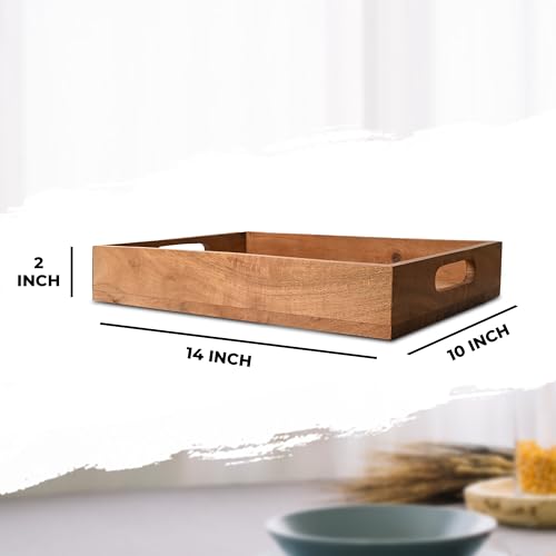 Premium Acacia Wooden Serving Tray with Handles Decorative Serving Trays Platter for Breakfast in Bed, Lunch, Dinner, Appetizers, Patio, Ottoman, Coffee Table | 14’’ x 10’’ x 2’’
