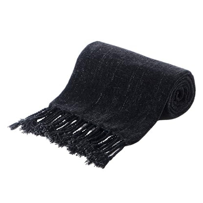 BATTILO HOME Black Chenille Throw Blanket, 50 x 60 Inches | Soft Chenille Knit with Handmade Fringe Tassels, Lightweight, Cozy and Less Prone to Tangling for Couch, Bed or Chair - color: Black
