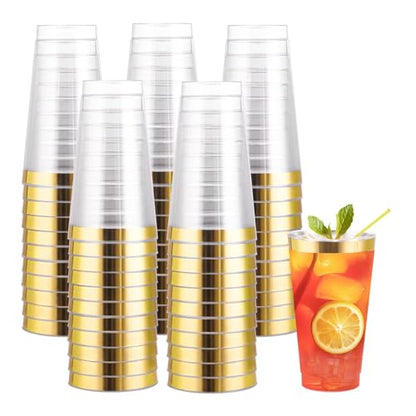 I00000 16 oz Gold Plastic Cups, 50 Pack Clear Plastic Cups with Gold Trim | Premium Gold Rimmed Disposable Cup, Heavy-duty, BPA-Free, Everyday Use, Disposable Cup Perfect for Birthday, Wedding & Party - color: 16-Gold-50