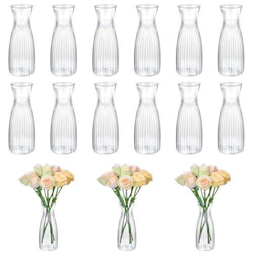 12Pcs Plastic Bud Vases Bulk Small Plastic Vases, Clear Container for Flowers Height Shatterproof Bud Vase, Mini Vintage Floral Vase for Home Decor, Living Room, Office Decoration, Housewarming Party