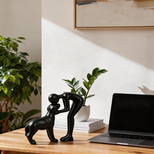 Abstract Person and Dog Sculpture Head-to-Head Figurine Black | abstract sculpture celebrating the bond between person and pet. Intimate head-to-head Touching memory keepsake for dog lovers - color: Black