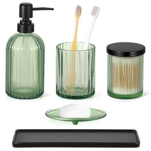 Shinowa Glass Bathroom Accessories Set, 5 Piece Luxury Bathroom Sets | Modern Vanity Countertop Organizer with Soap Dispenser, Toothbrush Holder, Q-Tips Holder, Soap Dish, Ceramic Tray, Green - color: Green