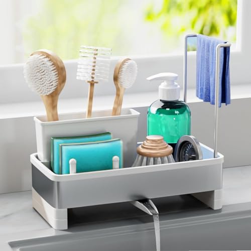 Sink Caddy Organizer, Kitchen Sponge Holder for Sink with Quick Drain Tray & Detachable Towel Rack, Sturdy Rustproof Kitchen Countertop Organizer for Sponge Soap Dispenser (White) - color: White