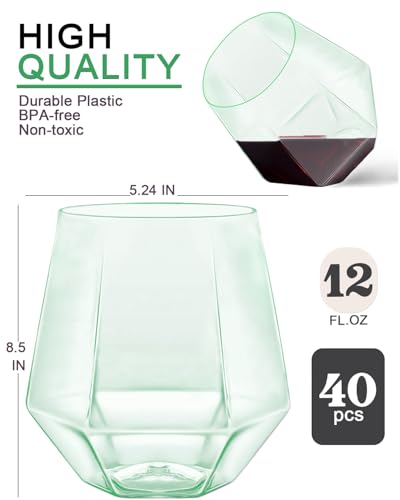 40 Pack Plastic Wine Glasses, 12 Oz Disposable Cocktail Whiskey Glasses | Diamond Stemless Champagne Margarita Glasses, Unbreakable Reusable Plastic Party Cups for Wedding Birthday (Green) - color: Green-40 Pack
