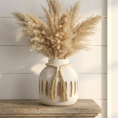 Handmade Wooden Vase with Decorative Beads and Tassels | Rustic Farmhouse Style, Farmhouse vase, Boho vase