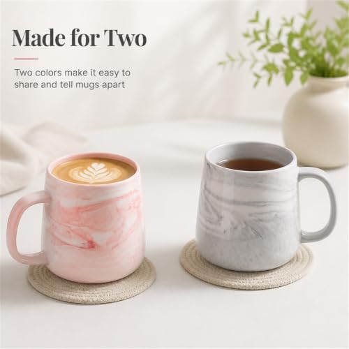 Ceramic Coffee Mug Set of 2, Gray and Pink Marble Pattern Procelain Couple Mugs, Stoneware Matching Cups, Dishwasher Safe, Microwave Safe, 13 oz - color: 12 oz-Pink&Gray