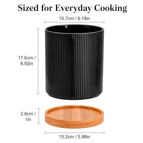 360° Rotating Kitchen Utensil Holder,Ceramic Utensil Holder for Countertop | Utensil Crock for Kitchen Counter with Rotatable Wooden Base,Ideal Housewarming Gift & Mothers Day Gift-Black - color: black