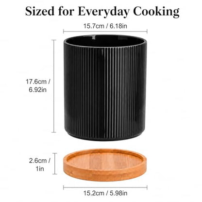 360° Rotating Kitchen Utensil Holder,Ceramic Utensil Holder for Countertop | Utensil Crock for Kitchen Counter with Rotatable Wooden Base,Ideal Housewarming Gift & Mothers Day Gift-Black - color: black