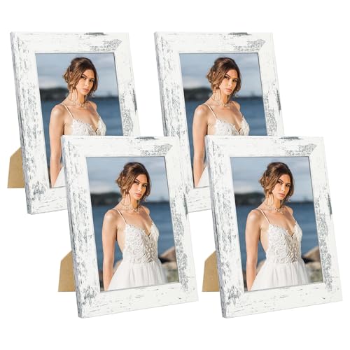 iRahmen 5x7 Picture Frame Set of 4, High Definition Glass Distressed White Frame, 5 x 7 Wood Photo Frames for Tabletop Display and Wall Mounting - color: Distressed White, size: 5X7