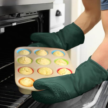 BPA-Free Silicone Oven Mitts Ultra Heat Resistant up to 500°F - Oven Mitts with Thick Cotton Liner - Long Slip Resistant Pot Holders, Flexible Oven Gloves - Green 13.7" - color: Green, size: 2-Piece 13.7" Oven Mitts
