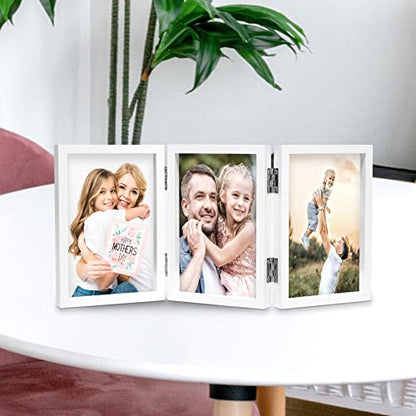 WUTL 3 Picture Frame Triple Collage 5x7 Frames with Real Glass White | Trifold Photo Frame, Hinged Foldable, Crystal Clear Real Glass - color: White, size: 5x7