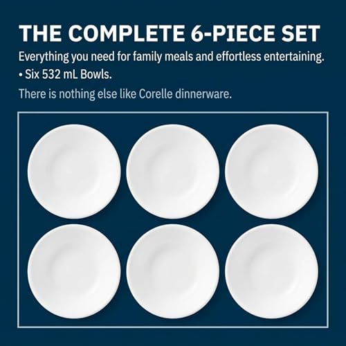 Corelle Vitrelle 6-Piece Soup/Cereal Bowl Set Triple Layer Glass and Chip Resistant, 18-Oz Lightweight Round Bowls, Winter Frost White - size: 18oz Bowls