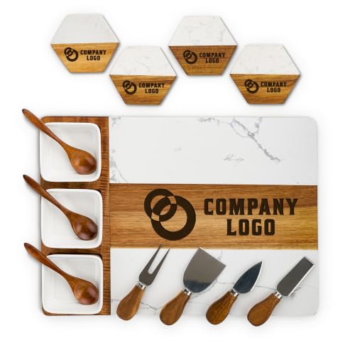 AWESOMETIK Personalized Corporate Gift, Client Gifts, Acacia Wood & Marble Charcuterie Board – Engraved Cheese Board Set – Realtor Closing, Employee Appreciation, Custom Company Gifts, Thank you Gifts
