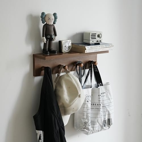 Wall Mounted Coat Rack with Shelf, Wooden Entryway Hooks, Teak Finish | Adjustable rail with movable wood hooks - color: Teak colored veneer