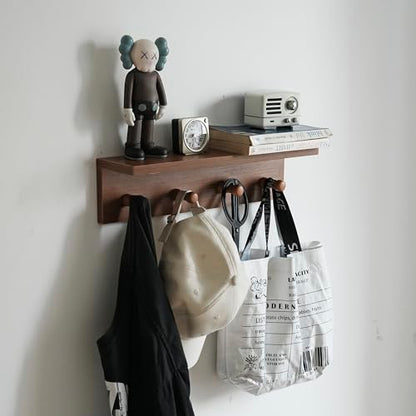 Wall Mounted Coat Rack with Shelf, Wooden Entryway Hooks, Teak Finish | Adjustable rail with movable wood hooks - color: Teak colored veneer