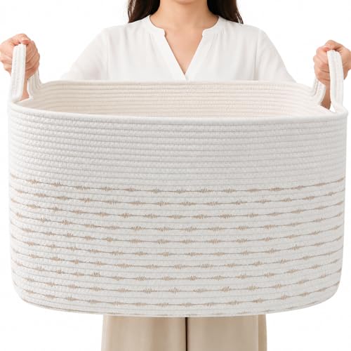 65L Large Laundry Basket with Handles,Woven Blanket Basket,Yellow | 21"×16"×12" Collapsible Cotton Rope Storage Basket for Toys Clothes & Pillows, Nursery, Bathroom, Bedroom, Living Room - color: White & Yellow, size: 65L