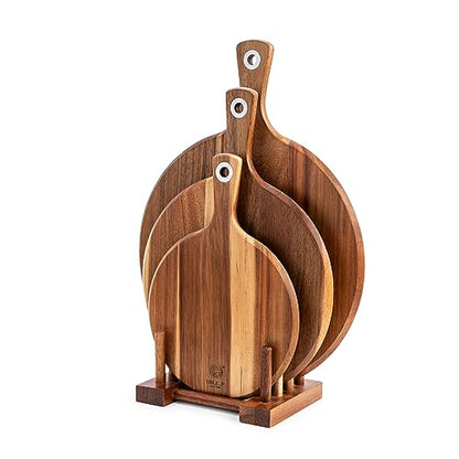 BILL.F Acacia Pizza Peel, Set of 3 Acacia Wood Cutting Board 8" 10" 12" Inch Cutting Board, Cheese Paddle Board, Bread and Crackers Platter for Serving and Minor Food Prepare with Handle and Organizer - style: 8/10/12 inch