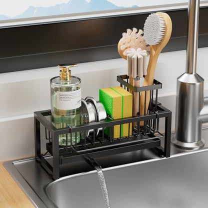 Sponge Holder for Kitchen Sink, 304 Stainless Steel Sink Caddy with Tall Brush Holder & Self-Draining Tray, 3-Compartment Countertop Organizer for Dish Soap Dispenser, Sponge, Scrubber, Black