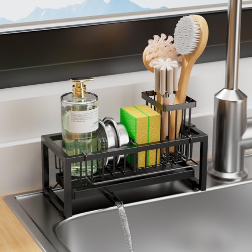 Sponge Holder for Kitchen Sink, 304 Stainless Steel Sink Caddy with Tall Brush Holder & Self-Draining Tray, 3-Compartment Countertop Organizer for Dish Soap Dispenser, Sponge, Scrubber, Black