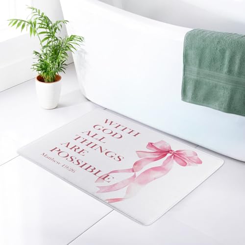 HVEST Pink Bow Bath Mat for Bathroom, Christian Bible Verse Pattern Non-Slip Bathroom Mat, Cute Memory Foam Bath Rug, Shower Mats, Quick-Drying Toilet Rug, 23X15 Inches - color: Pink White