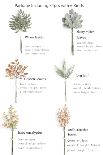 Serra Flora Artificial Greenery Spray Box Set(Pack of 54pcs) with 6 Kinds of Golden Green Filler for Wedding Bouquet Table Centerpieces and Floral Arrangement (Golden&Green) - color: Golden&green
