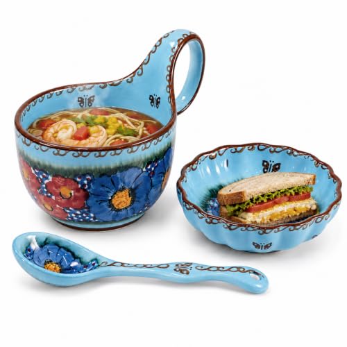 3 Piece Hand Painted Loop Handle Soup Bowl, Plate and Spoon Set,13.37oz Ceramic Cereal Cup for Coffee,Floral Bowl Set for Soup Snack Ice Cream Stew Microwave Dishwasher Safe (Blue) - color: Ocean Blue