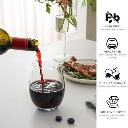 Stemless Wine Glasses Set of 4, 18 Ounces Red & White Wine Glasses for Party, Lead-free, Ideal Wine Accessories Gift (Clear)