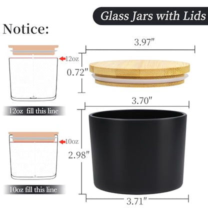 CONNOO 8 Pack 12 OZ Black Glass Wide Mouth Candle Jars | Airtight Bamboo Lids, Sticky Warning Labels, For Candle Making, Dishwasher Safe - color: Black