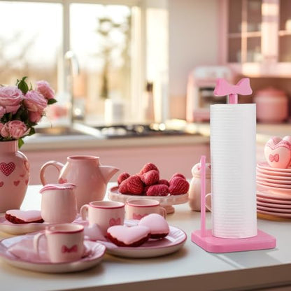 Leinuosen Pink Bow Paper Towel Holder Coquettish Cute Bow Wooden Paper Towel Holder Pink Bathroom Countertop Accessories Kitchen Roll Stand Organizer Standing Apartment Decor Housewarming Gift - style: Bow