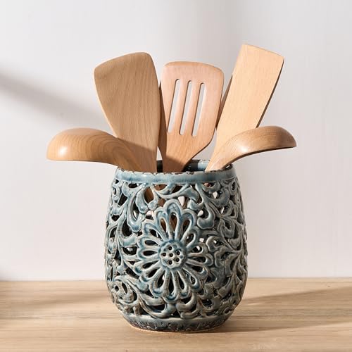 Farmhouse Kitchen Utensil Holder for Kitchen Counter, Ceramic Large Cooking Utensil Crock with Cork Mat, Countertop Cooking Tool Spatula Organizer, Antique Grayish Blue - color: 16096-Grayish Blue
