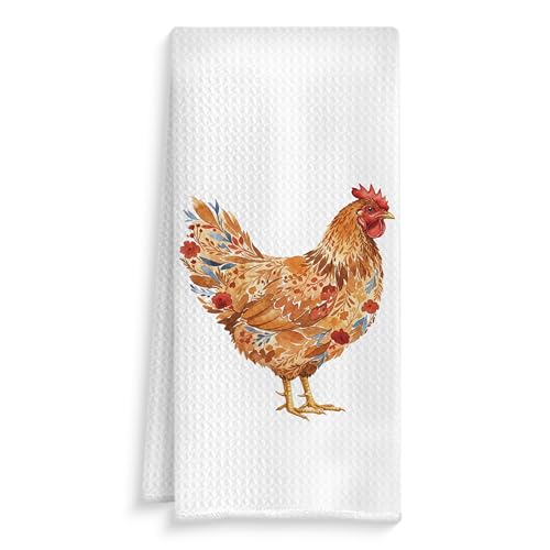 Rustic Red Floral Rooster Kitchen Towels, Gifts for Chicken Lovers Dish Tea Towels, Farmhouse Flower Chicken Decorative Hand Towel for Bathroom Kitchen, 16x24 Inch - color: Style3