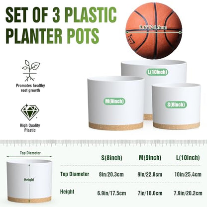 10/9/8 Inch Plant Pots 3 Pack, with Drainage Hole & Saucers | Cylindrical plastic planters with drainage holes & saucers. Modern matte finish, lightweight & durable for indoor/outdoor use - color: Matte White&brown