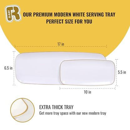 R-kay 4 Pack Gold Rim Plastic Serving Trays - 10 by 5.5 in Heavy Duty Rectangular Platters for Food and Desserts - Premium White Party Trays - color: White And Gold, size: 10 Inch
