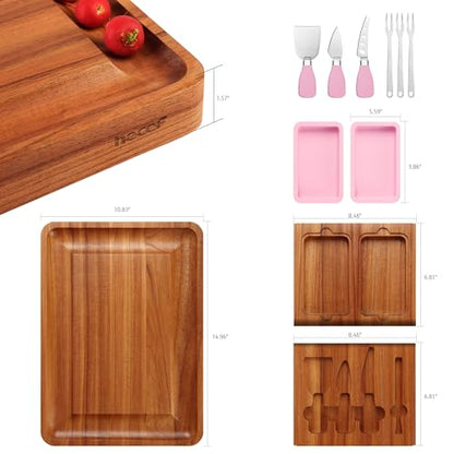 hecef Pink Large Charcuterie Board Set with Stainless Steel Cheese Knives, Cheese Board Set Wooden Appetizer Platter for Housewarming, Weddings, Birthdays & More, Forks & Pull-Out Drawers - style: with Drawer-Pink