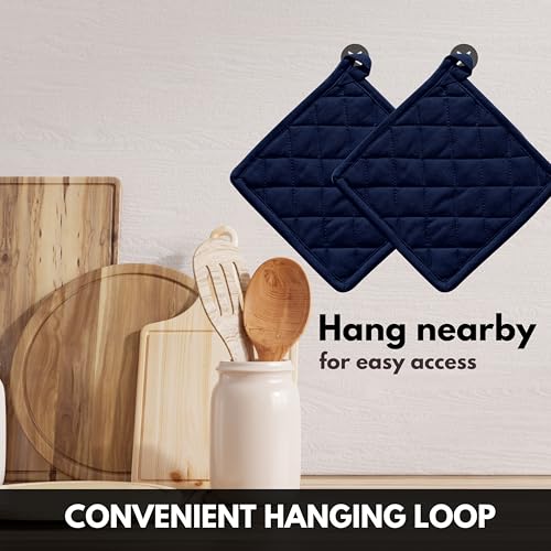 Oven Mitt (7"x13") & Pot Holder (8"x8") 100% Cotton Set of Heat Resistant Oven Gloves & Hot Pads for Gifts, BBQ, Cooking, Baking, Thanksgiving - Navy Blue - color: Navy Blue