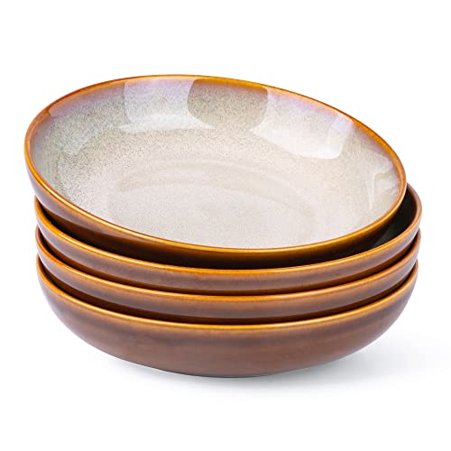 LERATIO 9.0" Ceramic Pasta Bowls Set of 4,38oz Large Stoneware Bowls Set | Reactive Glaze Serving Bowls Set,Wide Bowl for Pasta,Salad,Fruit & Noodles,Housewarming & Wedding Gift-Khaki - color: Khaki, size: Set of 4