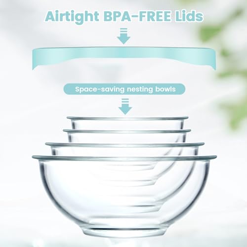 Luvan Borosilicate Clear Glass Mixing Bowls with Lids Set of 4 (0.53qt, 1.1qt, 2.1qt, 3.7qt), Space Saving Nesting Bowls Large Kitchen Salad Bowls for Meal Preping,Baking,Mixing,Dishwasher Safe - color: 4 Pack Light Blue