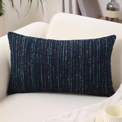 Textured Boucle Lumbar Pillow Covers 12x20 Neutral Striped Throw Pillows Soft Modern Farmhouse Pillow Cases, 1pc Decorative Accent Rectangle Couch Cushion Cover for Bed Chair Sofa, Blue - color: Blue, size: 20" x 12" (Pack of 1)