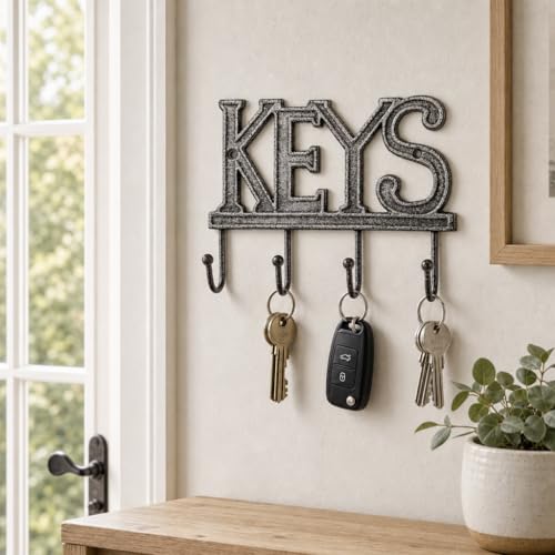 Comfify Gray Cast Iron Key Holder for Wall – Keys Sign with 4 Hooks | Neutral gray versatile finish; mounting hardware included; entryway, hallway or door; 6"H x 8"L; holds 8 keychains - color: Gray