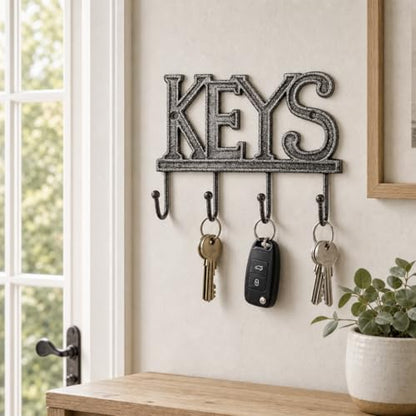 Comfify Gray Cast Iron Key Holder for Wall – Keys Sign with 4 Hooks | Neutral gray versatile finish; mounting hardware included; entryway, hallway or door; 6"H x 8"L; holds 8 keychains - color: Gray