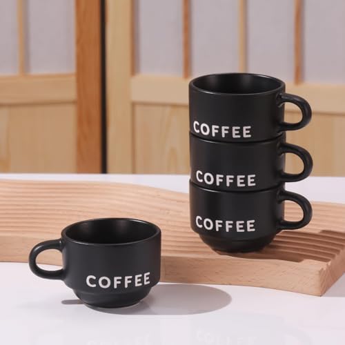 ASTRUE Matte Black Espresso Cups, 4 oz Stackable Porcelain Demitasse Coffee Mugs, Set of 4 - size: 4 oz