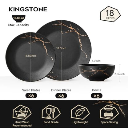 18-Piece Matte Crackle Dinnerware Sets, Black and Gold | Porcelain Plates & Bowls Set | Scratch Resistant Handcrafted Gold Luster | Microwave, Dishwasher Safe | Serves 6 | Ideal Gift - size: Service for 6 (18pcs)