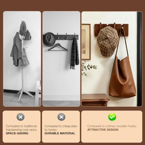 Wooden Coat Hooks Wall Mounted, Coat Rack Hanger Wall Mount with 4 Hooks, Heavy Duty Coat Hooks for Hanging Coats/Keys/Hats/Robe&Towels/Plants/Bags, Home Decor Gift, Walnut - size: 4 Hooks