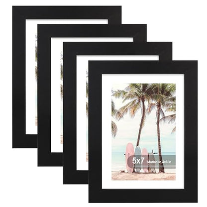 Hongkee 5x7 Picture Frame (4 Pack, Black) Made of Real Glass and Wooden Frame - Display Pictures 4x6 with Mat or 5x7 Without Mat, 5 by 7 Photo Frames TableTop Display and Wall Mounting - color: Black, size: 5x7 in