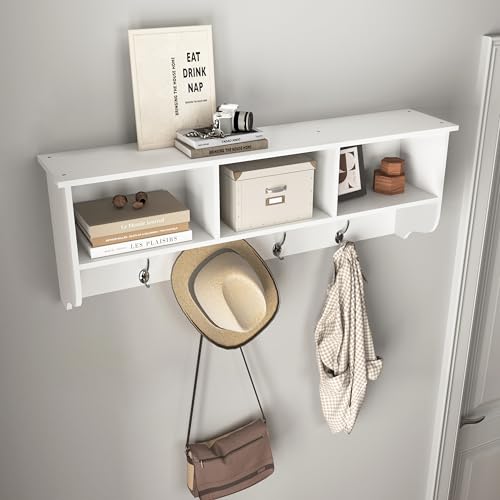 Wall Mounted Coat Rack Shelf,4 Dual Hooks,3 Cubbies,White | 4 dual nickel finish hooks.3 built-in cubbies plus shelf.Holds 55 lbs,MDF,smooth laminate finish.Easy clean,hardware included - color: White