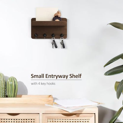 Nekon Key Holder Wall Mount, 8.5 Inch Small Wooden Wall Organizer, Brown | Rustic Wall Shelf, Farmhouse Key and Mail Holder for Living Room Entryway Kitchen - color: Brown