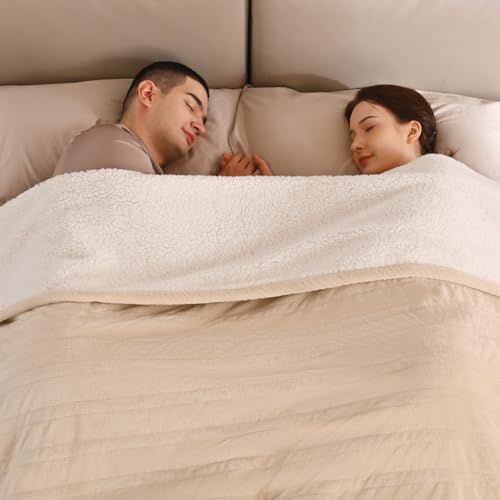 Bearhug Electric Blanket King Size with Dual Controls, 10 Heat Levels & 1-12H Auto Shut-Off, Fast Heating Soft Velvet to Sherpa Heated Blanket for Couples, Machine Washable, Beige - color: Beige, size: King Size 100" × 90"