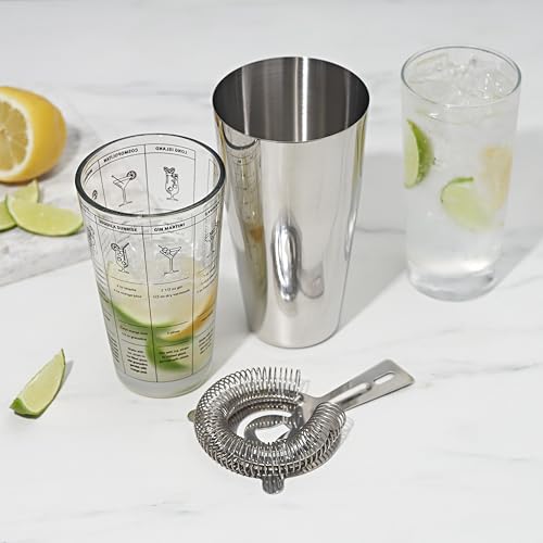 True 3-Piece Barware Set for Mixed Drinks and Cold Brew Cocktails, Includes Cocktail Shaker Tin, Cocktail Mixing Glass with 7 Printed Recipes, and Hawthorne Strainer, Home Bar Tools, Bartender Gifts - size: 3-Piece