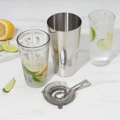 True 3-Piece Barware Set for Mixed Drinks and Cold Brew Cocktails, Includes Cocktail Shaker Tin, Cocktail Mixing Glass with 7 Printed Recipes, and Hawthorne Strainer, Home Bar Tools, Bartender Gifts - size: 3-Piece