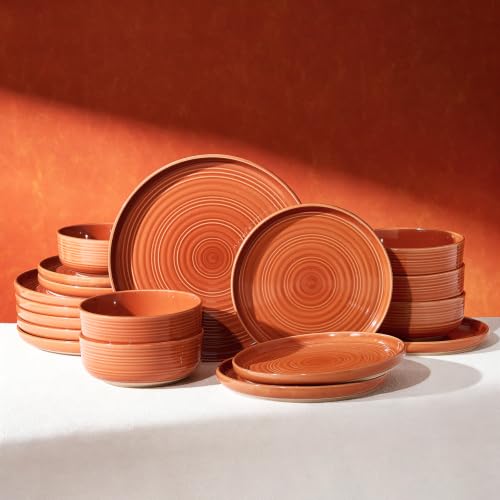 Dinnerware Set for 6, Ceramic Plates and Bowls, Terracotta | 18 pcs Speckled Spiral Coupe Dishes, Chip & Scratch Resistant Everyday Ceramics, Microwave & Dishwasher Safe, Farmhouse Style - color: Terracotta, size: Service for 6 (18pc)